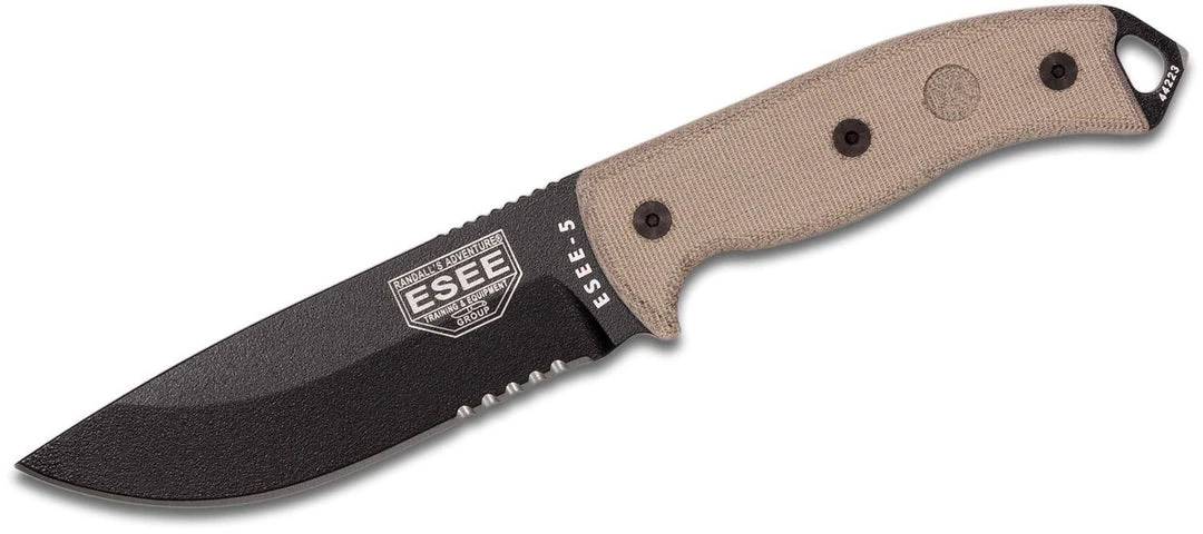Promo π All Knife Brands ESEE 5 Partially Serrated Edge, Tan Micarta Handles, Black Sheath ESEE-5S-E π 1 All Knife Brands ESEE 5 Partially Serrated Edge, Tan Micarta Handles, Black Sheath ESEE-5S-E