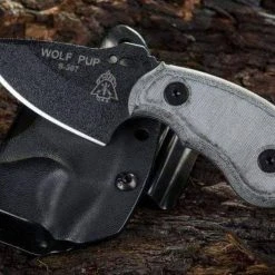 TOPS KNIVES All Knife Brands TOPS Wolf Pup Black 1095 Carbon Blade Linen Micarta Handles